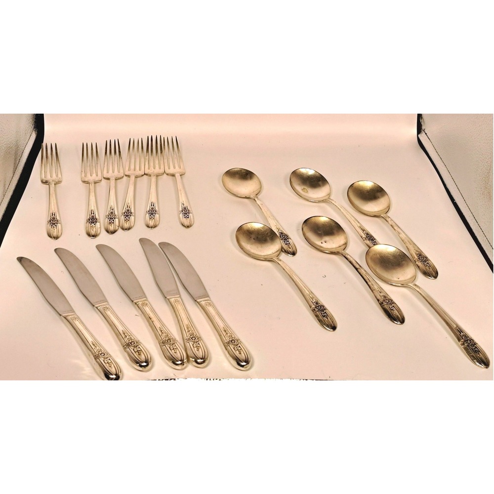 Wm Rogers Mfg Co Gardenia 1937 Silverplate Flatware Set 17pc Vintage Floral